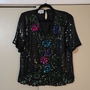 Stenay Beaded Sequin Floral Silk Top Size Medium